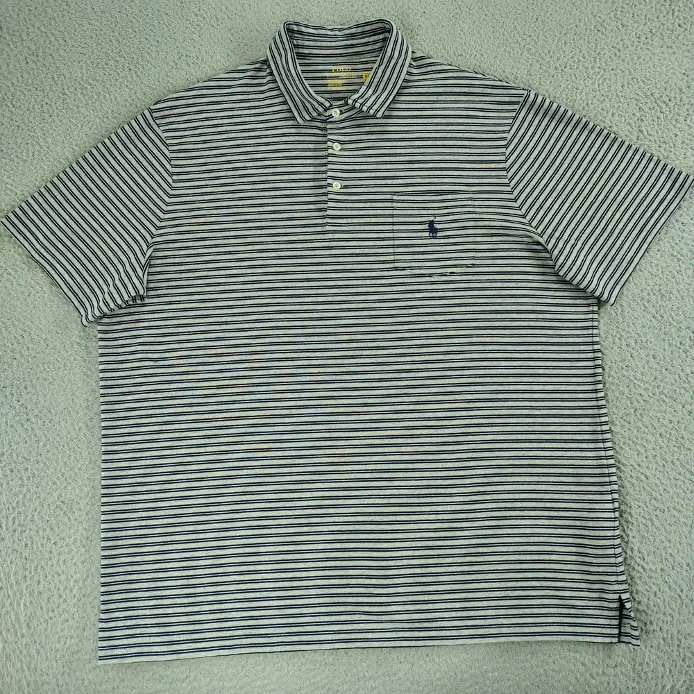 Polo Ralph Lauren Performance Polo Shirt Mens XL Gray Stripe Pocket Stretch